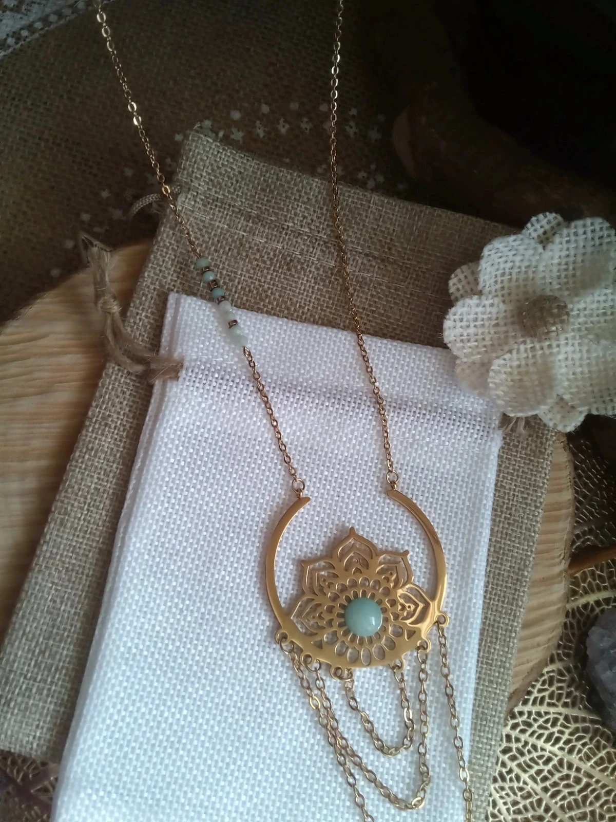 Collier fleur de vie acier inoxydable et pierres amazonites naturelles – photo 2